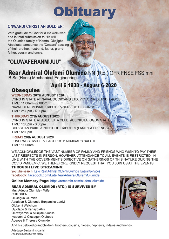 Rear Admiral Olufemi Olumide's burial programme