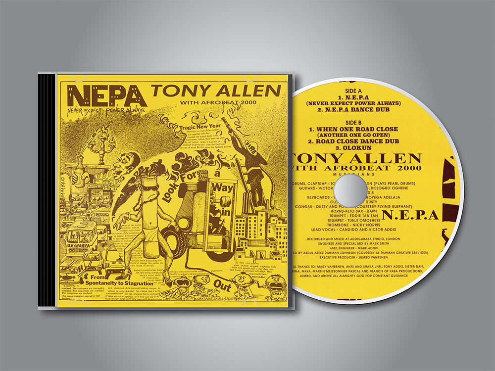 Packaging CD Boîter Cristial N.E.P.A de Tony Allen - Afrobeat Cover design Babatunde Naphatli Banjoko